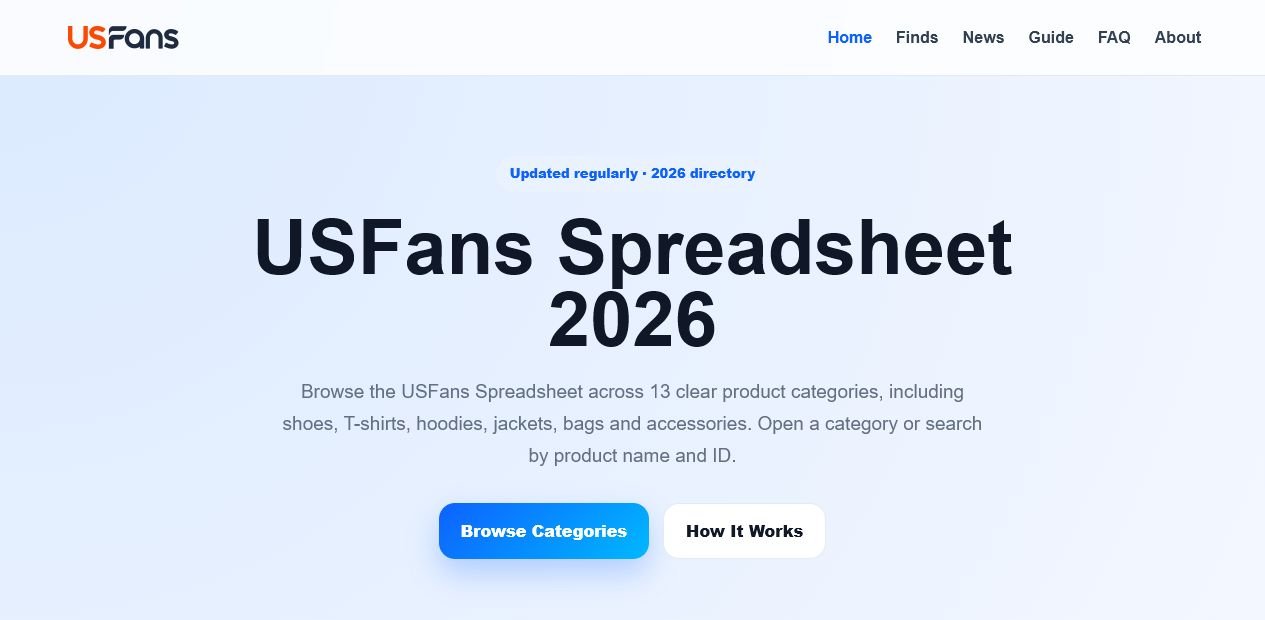 USFans Spreadsheet homepage showing the Browse Categories button