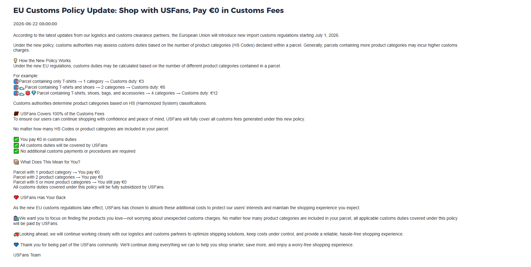 USFans EU customs policy notice explaining category-based duties and zero customs fees for shoppers