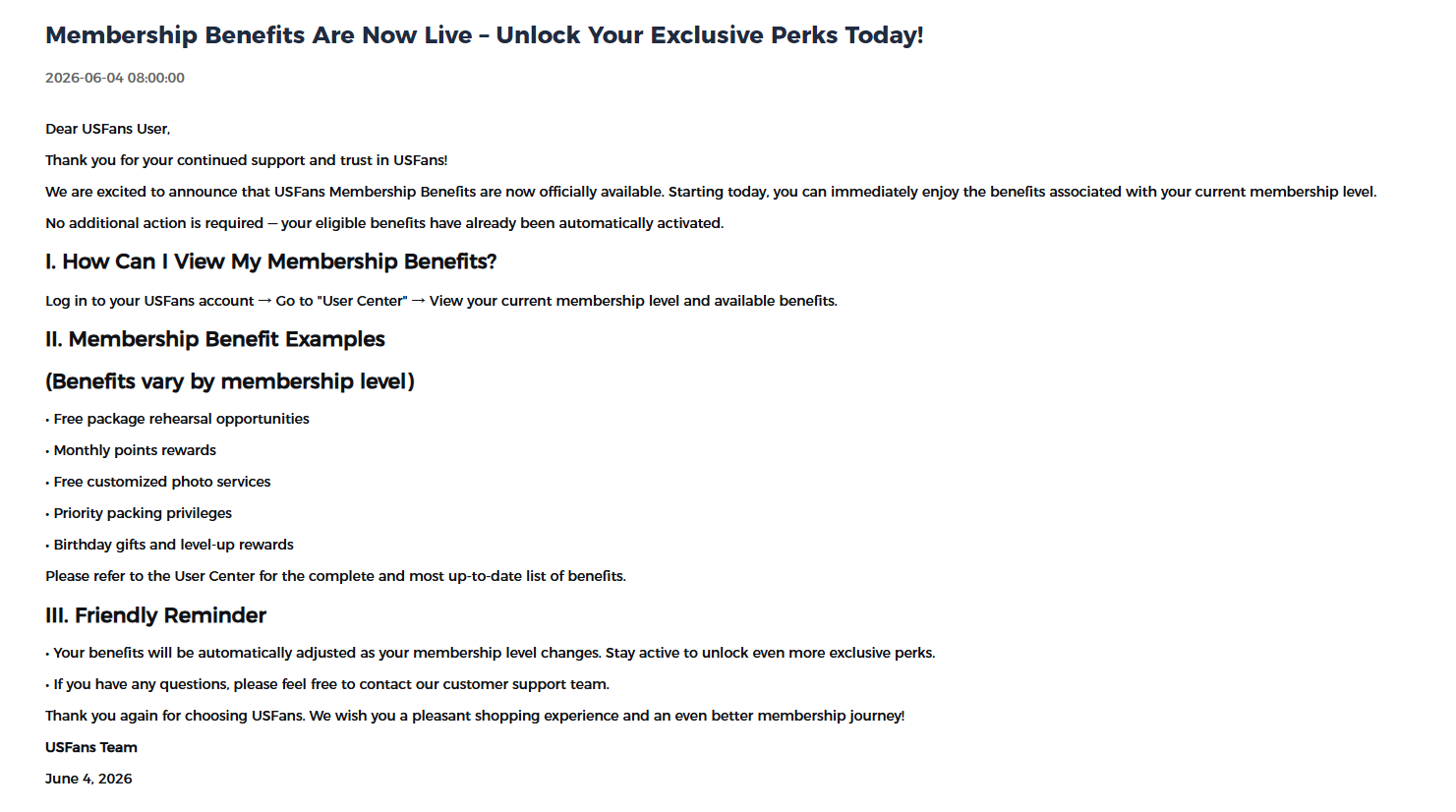 USFans membership benefits notice with account access instructions and benefit examples
