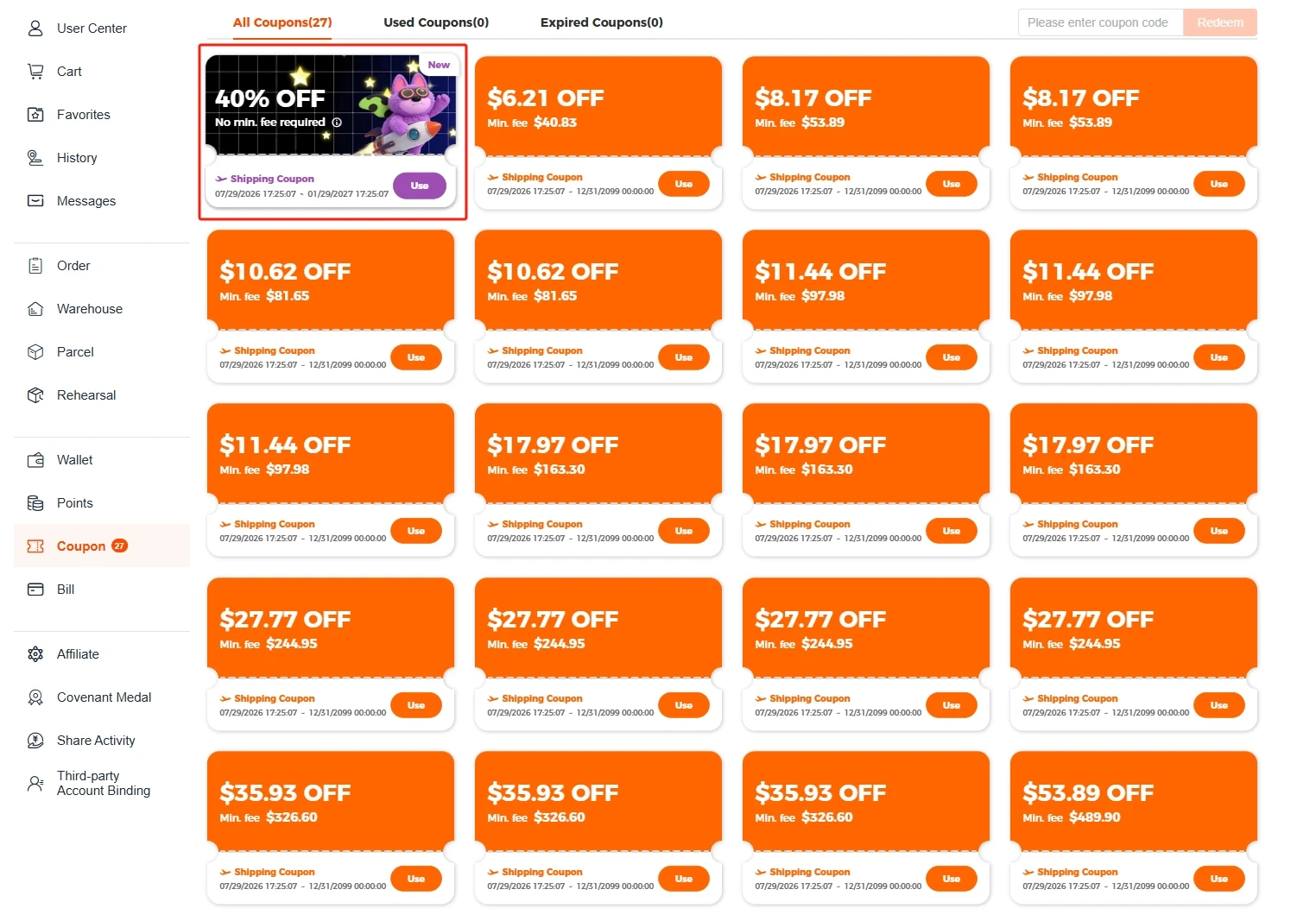 USFans coupon center with the featured 40% off shipping coupon highlighted