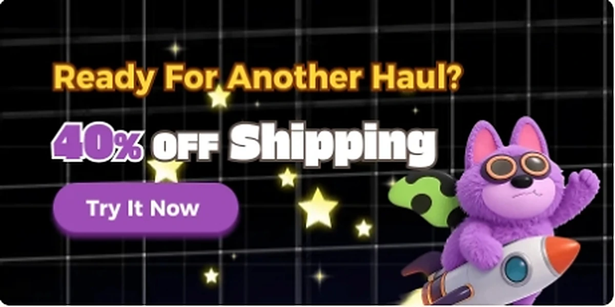 USFans 40% off shipping promotion with a purple character riding a rocket